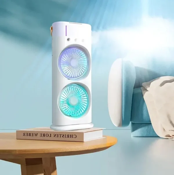 Rechargeable Dual Head Mist Cooling Fan with Adjustable Speeds